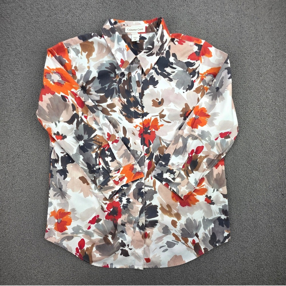 Coldwater Creek Floral Button Up Shirt Womens Multicolor 3/4 Sleeve Cotton 8P
